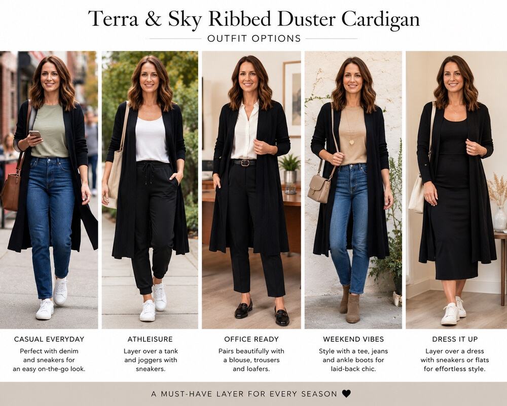 Terra & Sky Black Ribbed Duster Cardigan Open Front Long Plus 0X 14W